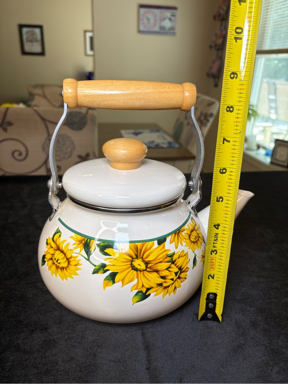 Vintage Teapot Classic White Enamel Body/ Vibrant Sunflower Design - Picture 9 of 9